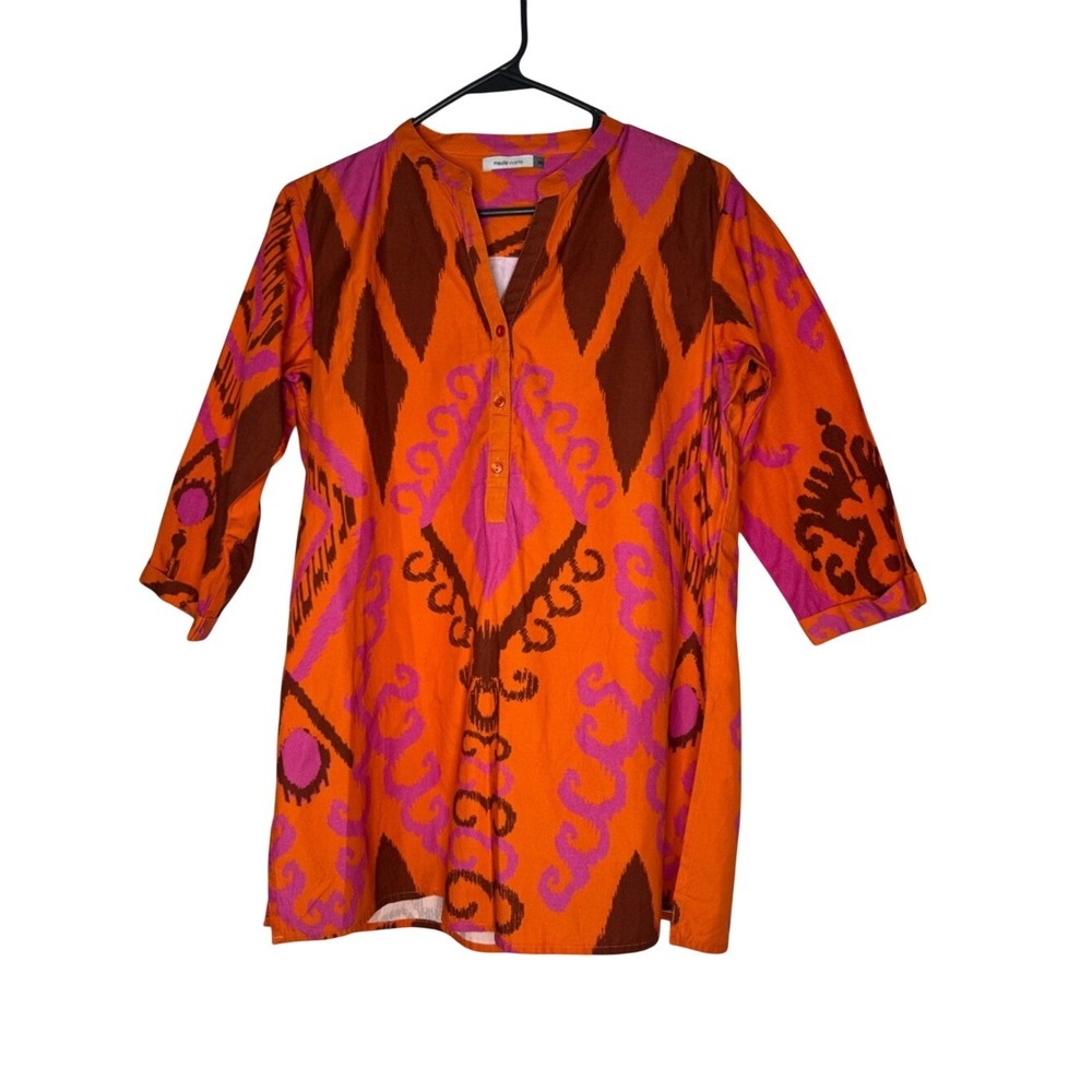 Maude Vivante Womens Geometric Cotton Blouse Sz M Colorful 3/4 Sleeve Maximalist
